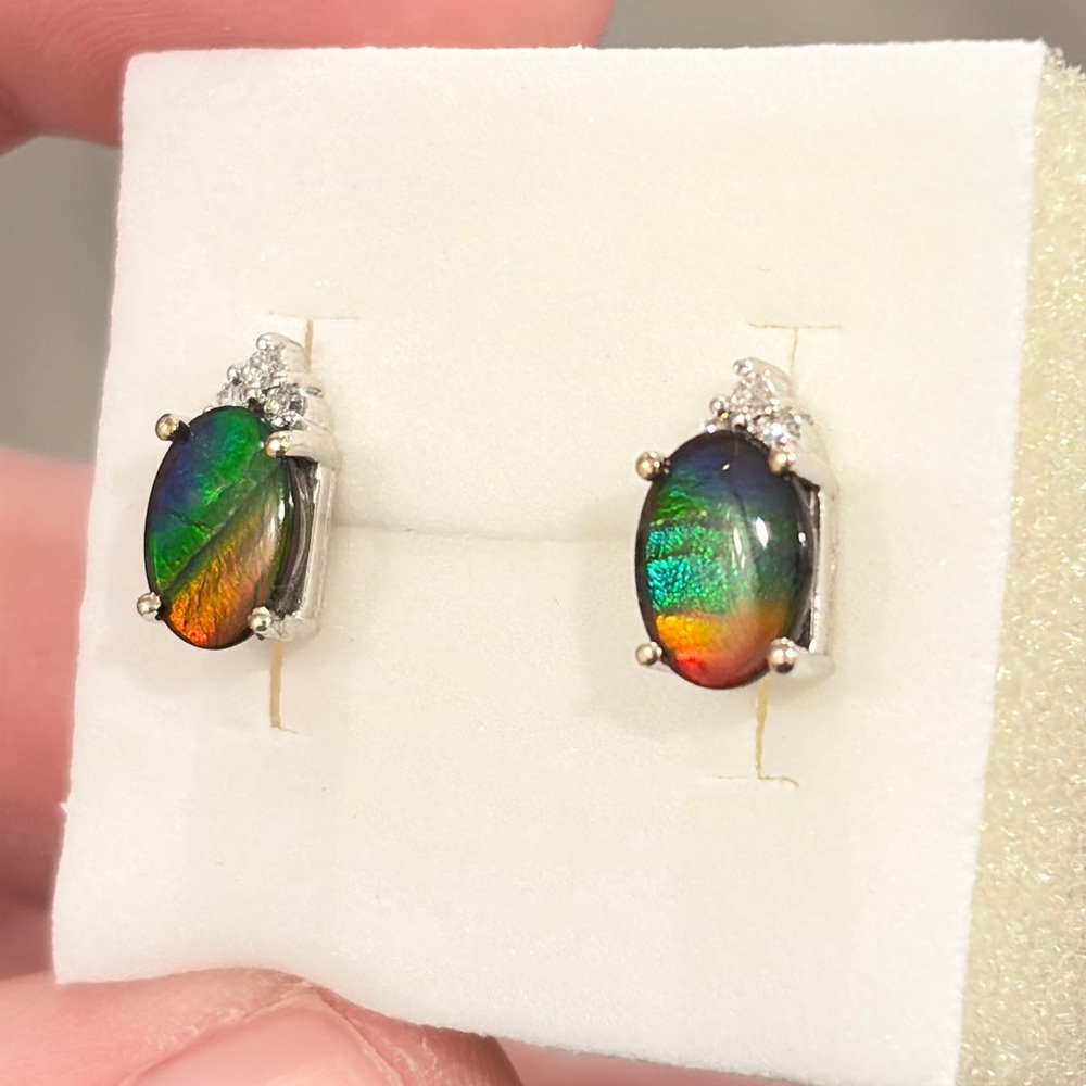 14K Ammolite Earrings Diamond Accent White Gold Rainbow AAA Oval Solitaire Studs - Picture 12 of 15